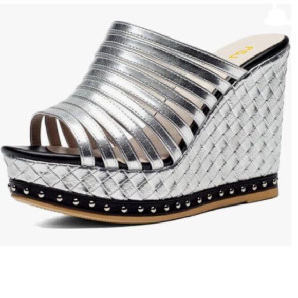 FSJ Silver Open Toe High Heel Mules Platform Clogs Slip On Studded Wedges Sandal - Picture 1 of 8